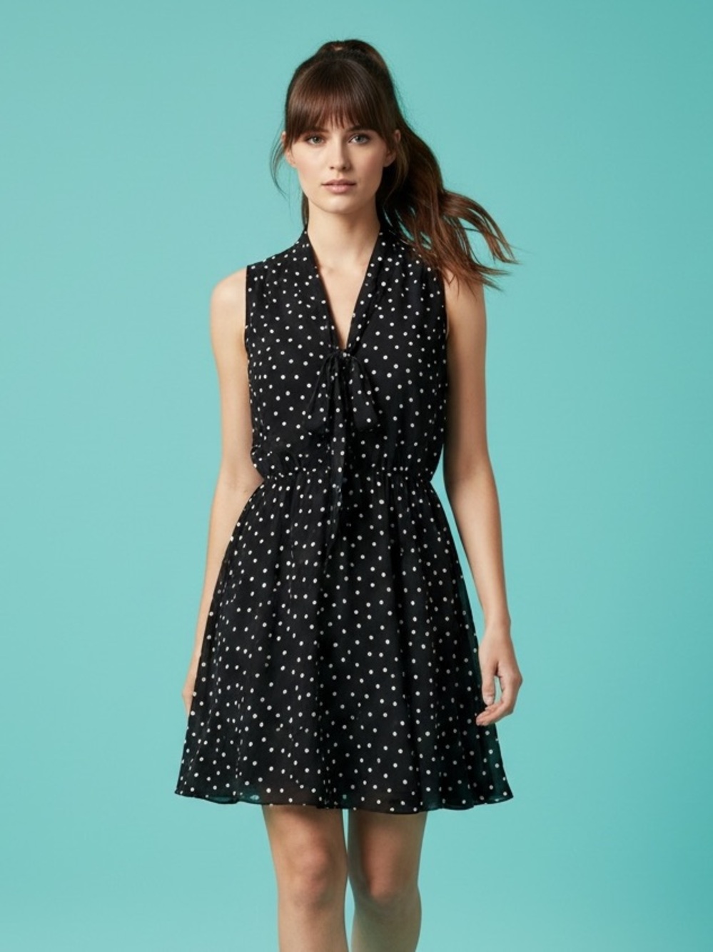 Molly Bracken Polka Dot Fit & Flare Tie Neck Dress L